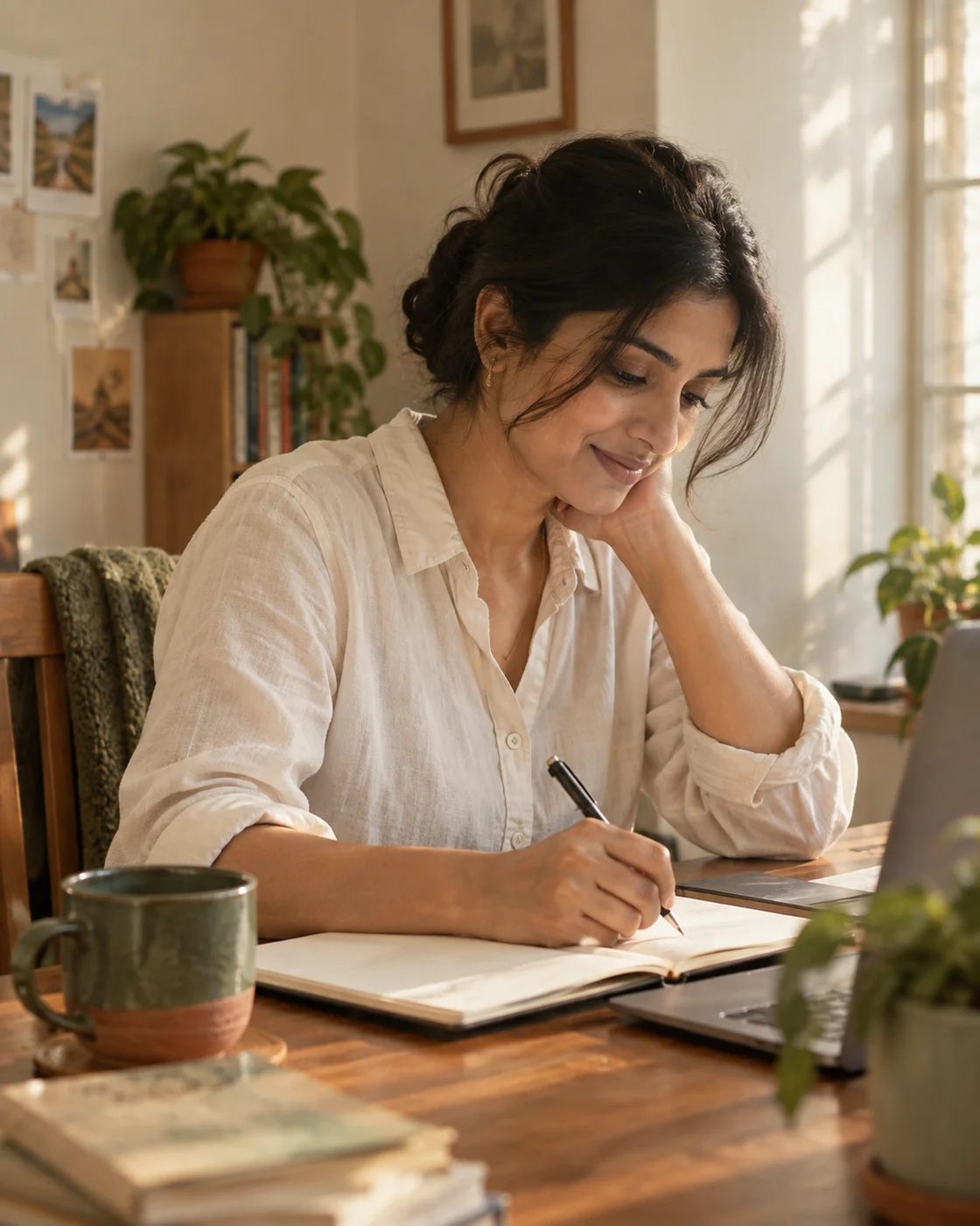 Illustrative editorial image of a professional making notes at a sunlit desk.
